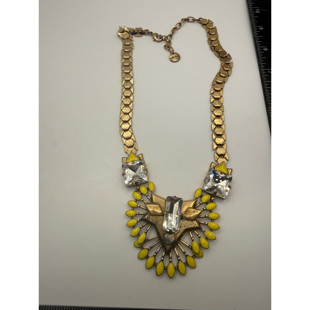 Stella & Dot Yellow Enamel and Crystal Statement Necklace Antique Gold Tone Bib